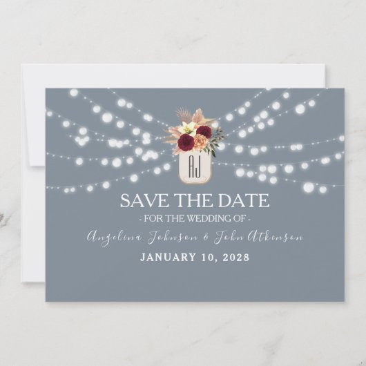 Rustieke Dusty Blue Mason Jar Save the Date (Voorkant)