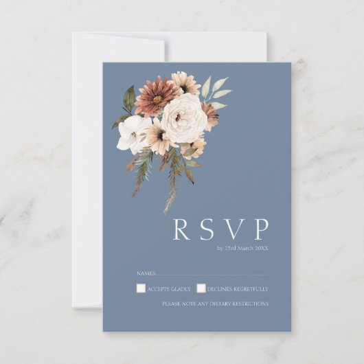 Rustieke Dusty Blue Peach Bloemenbruiloft RSVP Kaa Kaartje (Voorkant)