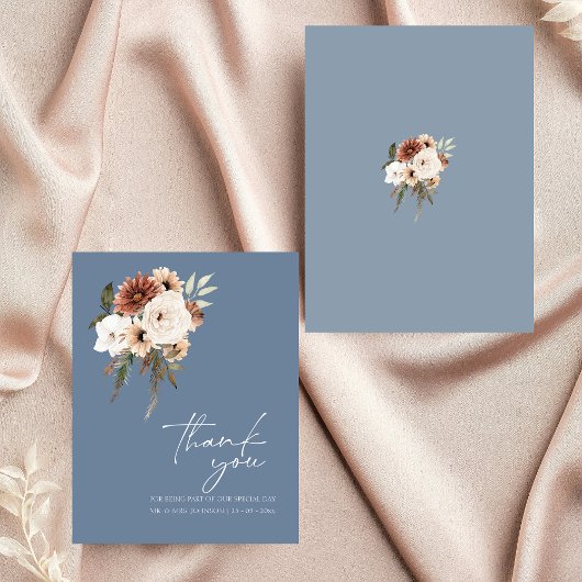 Rustieke Dusty Blue Peach Floral Wedding Dank u Bedankkaart