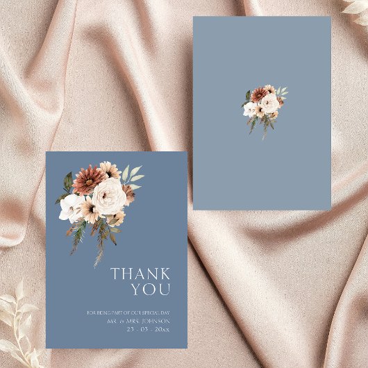Rustieke Dusty Blue Peach Floral Wedding Dank u Bedankkaart