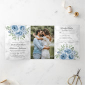 Rustieke Dusty Blue Rozen Foto White Marble Weddin Drieluik Uitnodiging (Binnen)