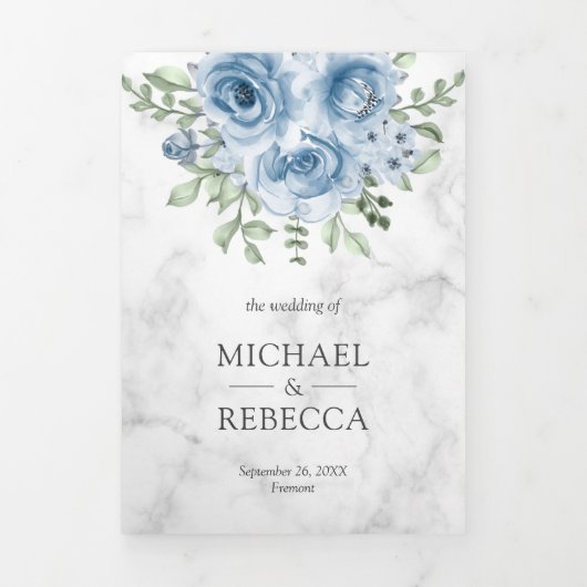 Rustieke Dusty Blue Rozen Foto White Marble Weddin Drieluik Uitnodiging (Cover)