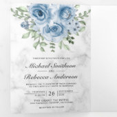 Rustieke Dusty Blue Rozen Foto White Marble Weddin Drieluik Uitnodiging (Binnenzijde eerst)