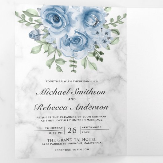 Rustieke Dusty Blue Rozen Foto White Marble Weddin Drieluik Uitnodiging (Binnenzijde eerst)