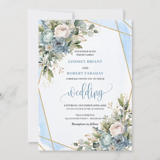 Rustieke Dusty Blue Sage Gold Floral Wedding Uitno Kaart (Voorkant)
