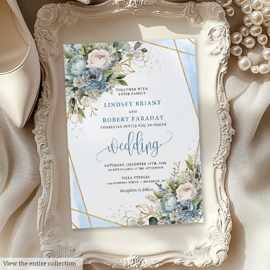 Rustieke Dusty Blue Sage Gold Floral Wedding Uitno Kaart