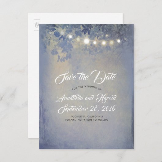 Rustieke Dusty Blue String Lights Sla de datum op Aankondigingskaart (Voorkant / Achterkant)
