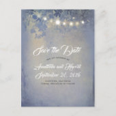 Rustieke Dusty Blue String Lights Sla de datum op Aankondigingskaart (Voorkant)