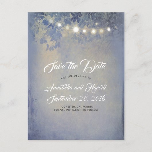 Rustieke Dusty Blue String Lights Sla de datum op Aankondigingskaart (Voorkant)