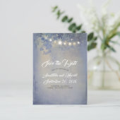Rustieke Dusty Blue String Lights Sla de datum op Aankondigingskaart (Staand voorkant)