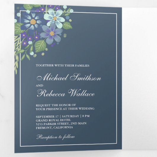 Rustieke Dusty Blue Waterverf Bloemen Foto Huwelij Drieluik Uitnodiging (Binnenzijde eerst)