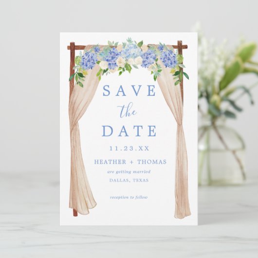 Rustieke Dusty Blue Waterverf Hydrangea Save The Date (Staand voorkant)