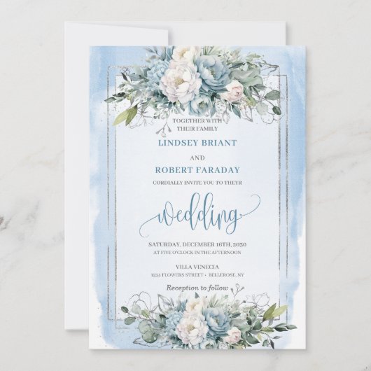 Rustieke Dusty Blue White Silver Rozen Wedding Kaart (Voorkant)