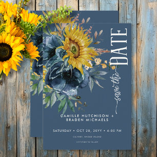 Rustieke Dusty Blue Zonnebloemen Wedding Save The Date