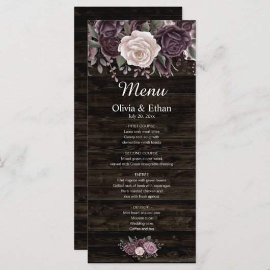 Rustieke Dusty Paarse Roos Waterverf Bloemen op Ho Menu (Voorkant / Achterkant)