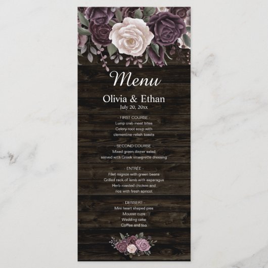 Rustieke Dusty Paarse Roos Waterverf Bloemen op Ho Menu (Voorkant)