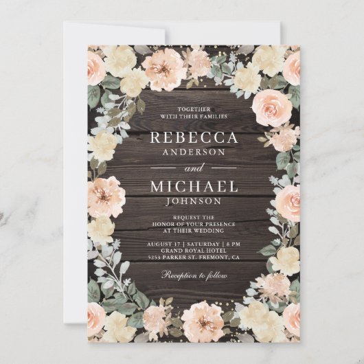 Rustieke Dusty Peach Bloemen QR Code Hout bruiloft Kaart (Voorkant)