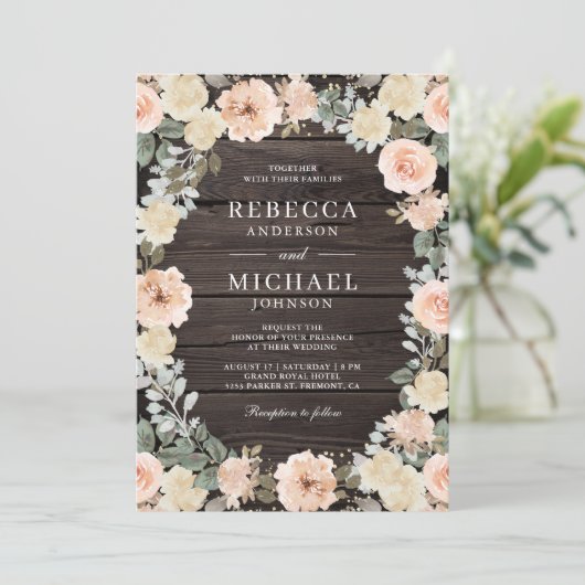 Rustieke Dusty Peach Bloemen QR Code Hout bruiloft Kaart (Staand voorkant)