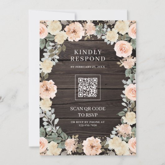 Rustieke Dusty Peach Bloemen QR Code Hout bruiloft Kaart (Achterkant)