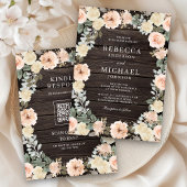 Rustieke Dusty Peach Bloemen QR Code Hout bruiloft Kaart