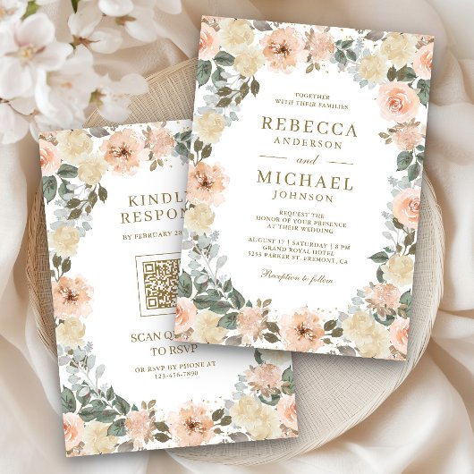 Rustieke Dusty Peach Bloemen QR Code Trouwen Kaart