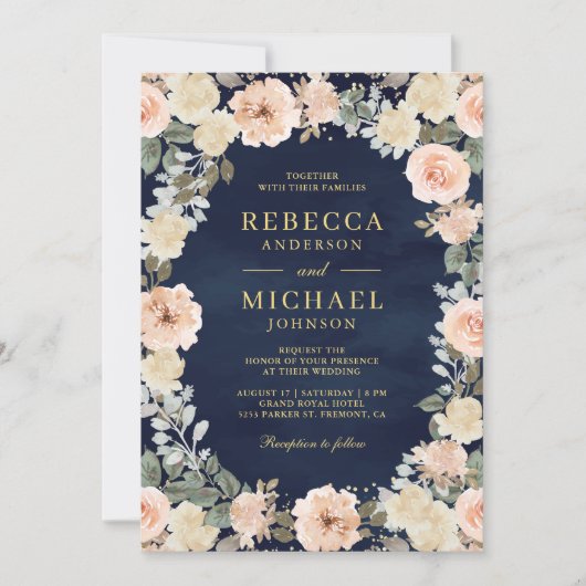 Rustieke Dusty Peach Floral QR Code Marine Wedding Kaart (Voorkant)