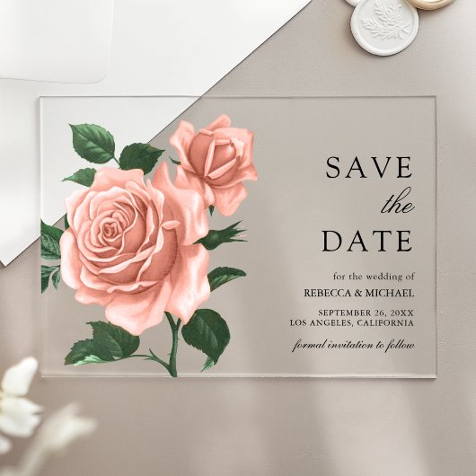 Rustieke Dusty Peach Rozen Wedding Save the Date Acryl Uitnodigingen