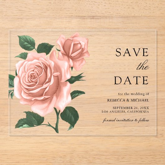 Rustieke Dusty Peach Rozen Wedding Save the Date Acryl Uitnodigingen (Voorkant)