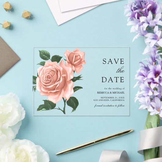 Rustieke Dusty Peach Rozen Wedding Save the Date Acryl Uitnodigingen (Insitu (Huwelijk))