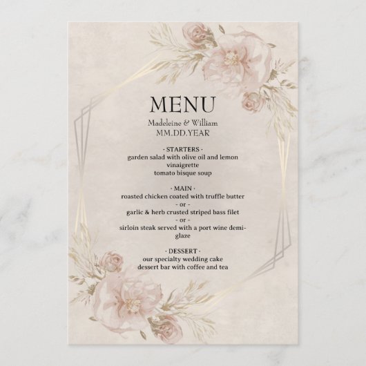 Rustieke Dusty Pink Roses & Wildflowers Wedding Menu (Voorkant)