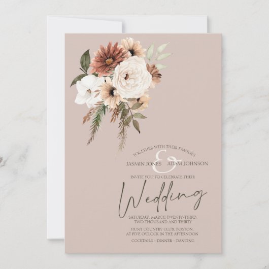 Rustieke Dusty Roze en Groene Bloemen Bruiloft Kaart (Voorkant)