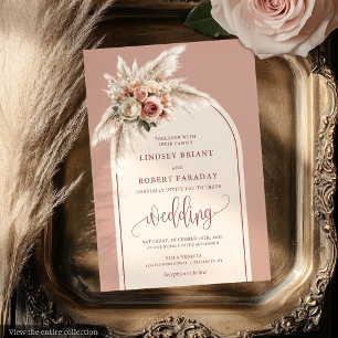 Rustieke Dusty Roze Pampas Boog Huwelijksuitnodigi Kaart