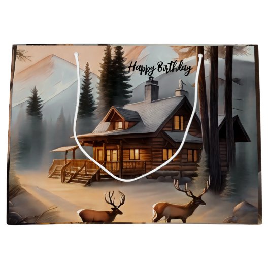 Rustieke Earth Tones Waterverf Log Cabin Groot Cadeauzakje (Voorkant)