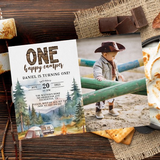 Rustieke Een Gelukkige Camper Foto 1e Verjaardagsf Kaart