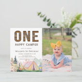 Rustieke Eén Verjaardag Gelukkig Kampeerster Meisj Kaart (Staand voorkant)