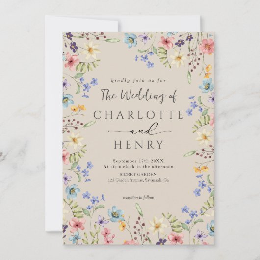 Rustieke eenvoudige botanische wilde bloem bruilof kaart (Voorkant)