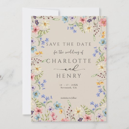 Rustieke eenvoudige botanische wilde bloem bruilof save the date (Voorkant)