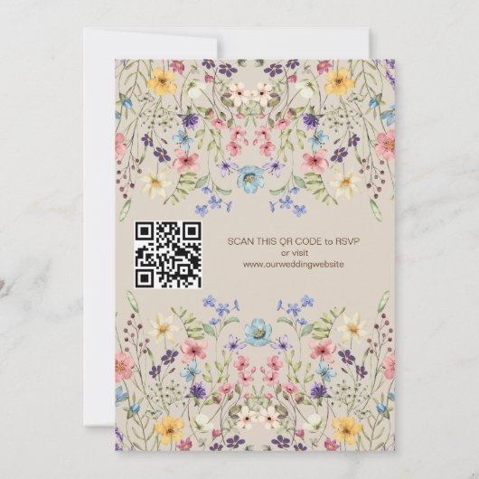 Rustieke Eenvoudige Wildflower Beige QR Code Bruil Kaart (Achterkant)