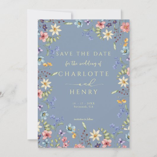 Rustieke Eenvoudige Wildflower Dusty Blue Wedding Save The Date (Voorkant)