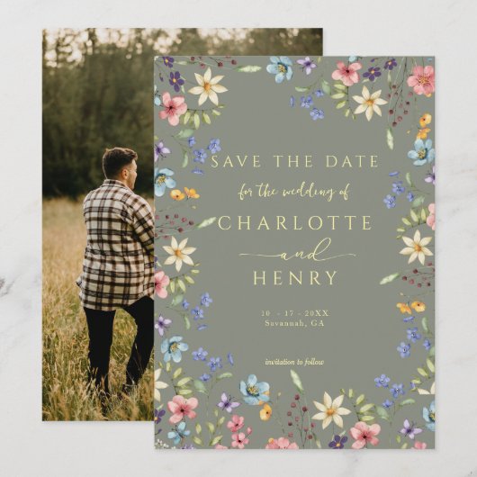Rustieke Eenvoudige Wildflower Wijze Foto Huwelijk Save The Date (Voorkant / Achterkant)
