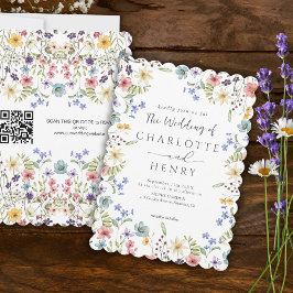 Rustieke Eenvoudige Wildflower Witte QR Code Bruil Kaart