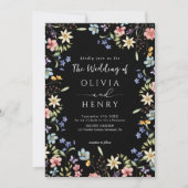 Rustieke Eenvoudige Wildflower Zwart QR Code Bruil Kaart (Voorkant)