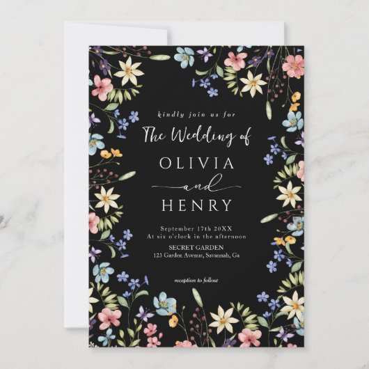 Rustieke Eenvoudige Wildflower Zwart QR Code Bruil Kaart (Voorkant)