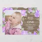 Rustieke eerste 1e verjaardagsuitnodiging Paarse b Kaart (Voorkant / Achterkant)