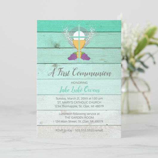 Rustieke eerste communie uitnodiging - Blauw (Staand voorkant)