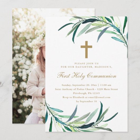 Rustieke Eerste Heilige Communie Fotouitnodiging Aankondiging (Voorkant / Achterkant)