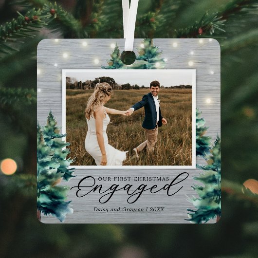 Rustieke eerste kerst verloofde dennenboom metalen ornament