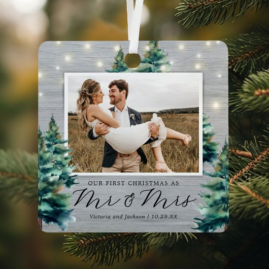 Rustieke eerste kerstboom Mr & Mrs Pine Tree Metalen Ornament