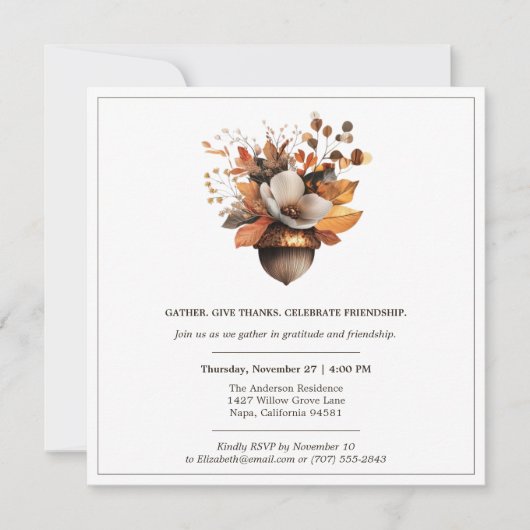 Rustieke Eikel Bloemen | Danketent Dinnerfeest Kaart (Voorkant)