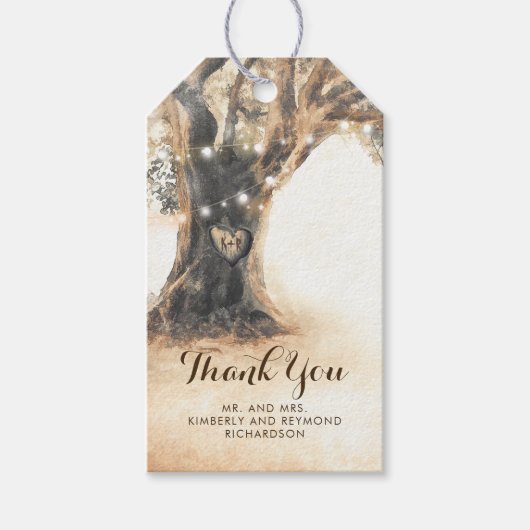Rustieke eiken boom en gesneden hart bruiloft cadeaulabel (Voorkant)